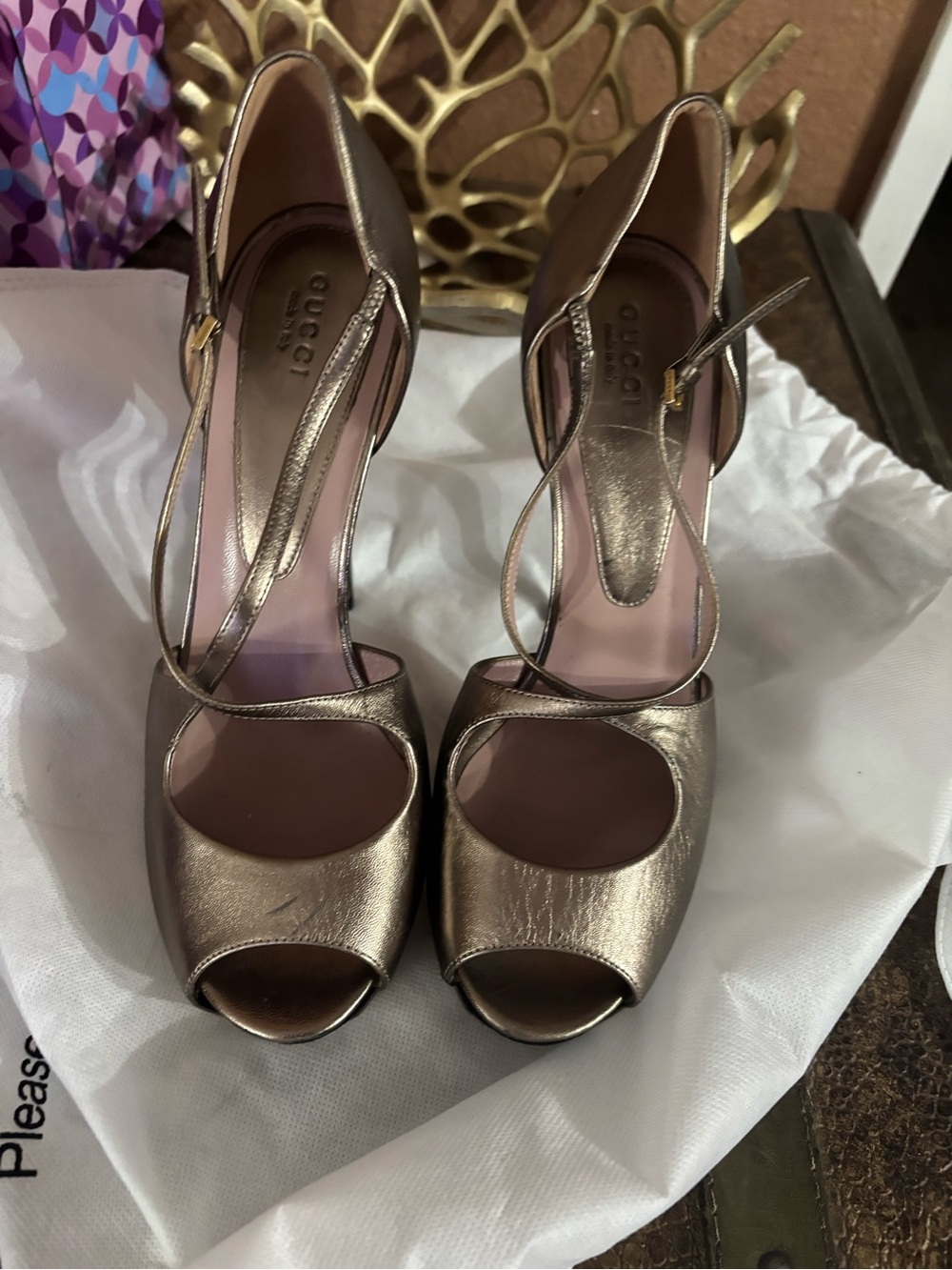Gucci Metallic Bronze Peep-Toe Slingback Heels heel shoes gold sandal pumps